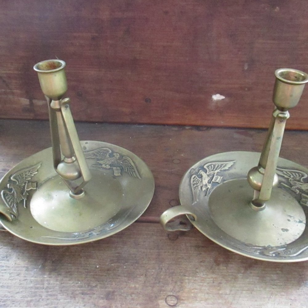 American Eagles Esmond Brass Antique Nautical Candlesticks Pair Colonial Style